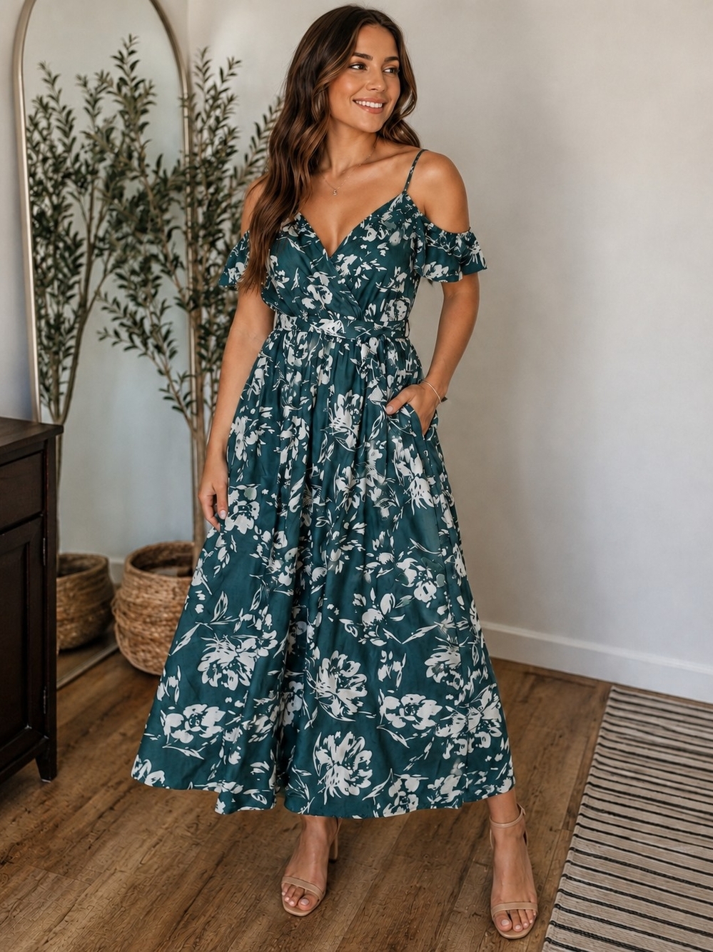 SHEIN Womens Green And White Flora Long Slit Bare Shoulder Dress Large
